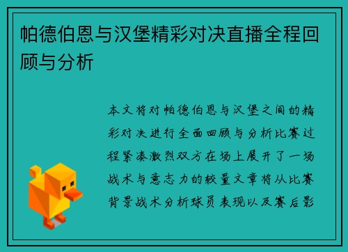 帕德伯恩与汉堡精彩对决直播全程回顾与分析